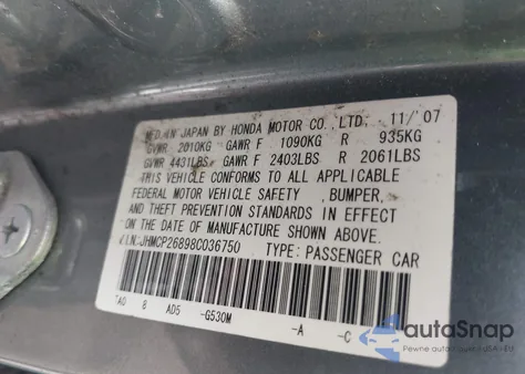 2008 Honda Accord 2.4 Ex-L z USA, uszkodzony, nr VIN JHMCP26898C036750